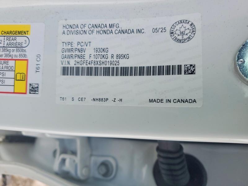 76415675 :رقم المزاد ، 2HGFE4F8XSH019025 vin ، 2025 Honda Civic مزاد بيع