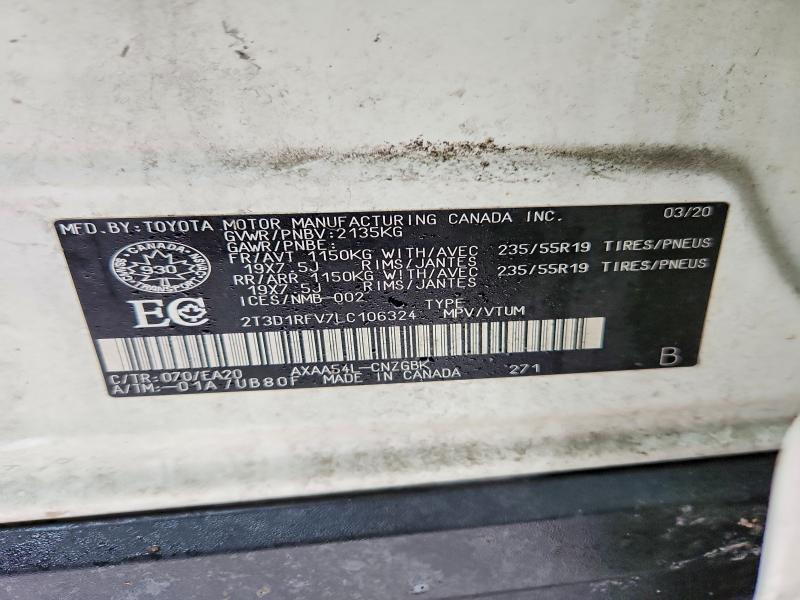 2020 Toyota Rav4 მანქანა იყიდება აუქციონზე, vin: 2T3D1RFV7LC106324, აუქციონის ნომერი: 76808465