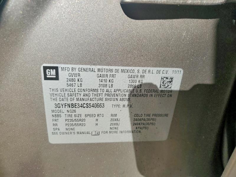 Aukcja sprzedaży 2012 Cadillac Srx, vin: 3GYFNBE34CS540663, numer aukcji: 76609075