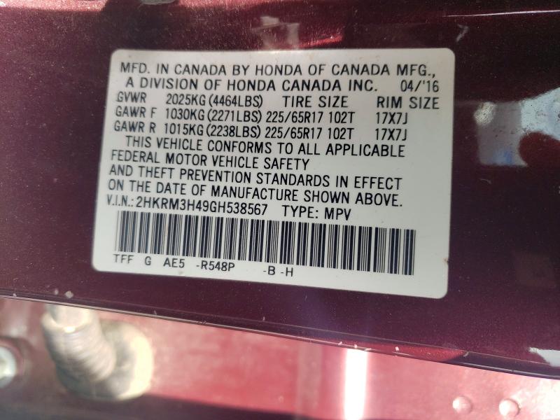 75791335 :رقم المزاد ، 2HKRM3H49GH538567 vin ، 2016 Honda Cr-v مزاد بيع