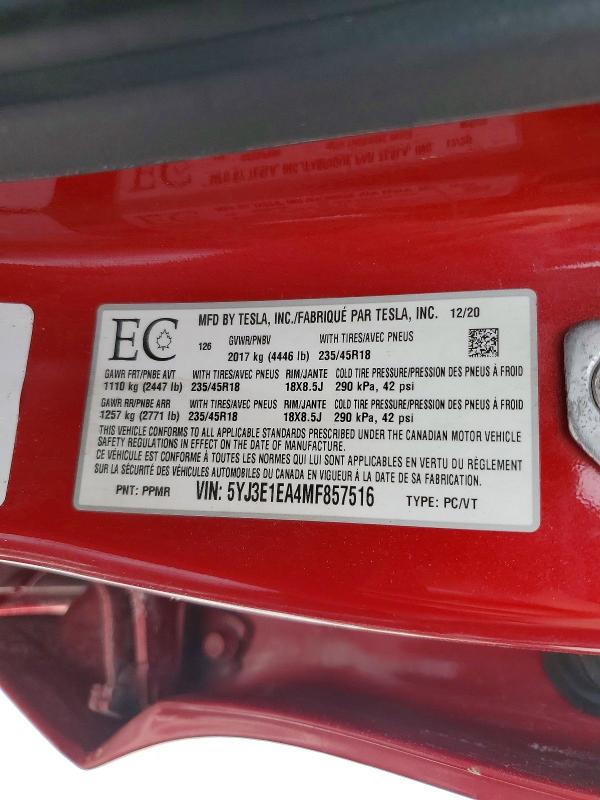 75040565 :رقم المزاد ، 5YJ3E1EA4MF857516 vin ، 2021 Tesla Model 3 مزاد بيع