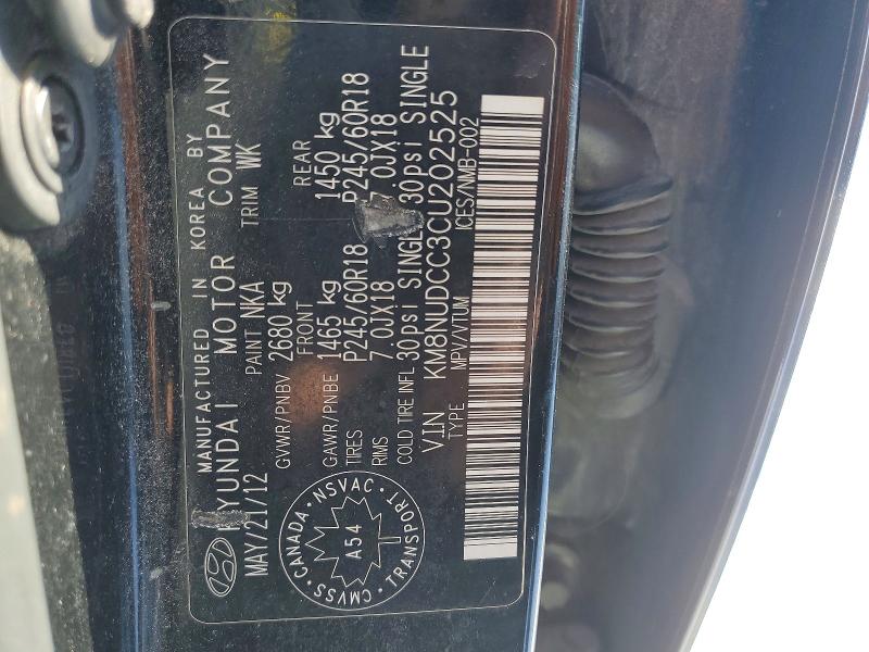 75182775 :رقم المزاد ، KM8NUDCC3CU202525 vin ، 2012 Hyundai Veracruz مزاد بيع