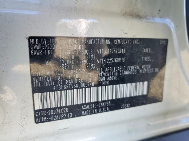 77613615 :رقم المزاد ، 4T3E6RFV5NU069748 vin ، 2022 Toyota Rav4 مزاد بيع