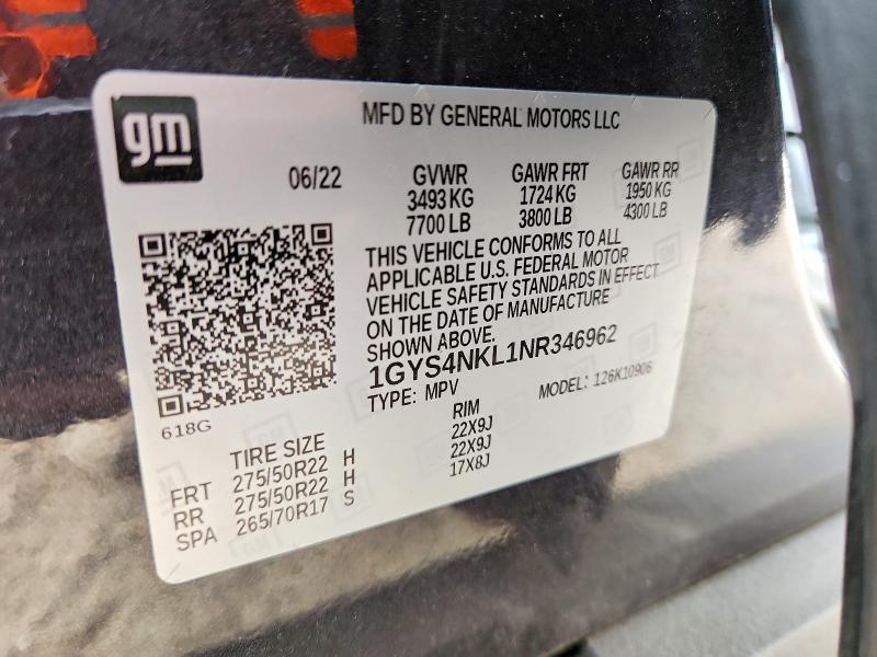 2022 Cadillac Escalade მანქანა იყიდება აუქციონზე, vin: 1GYS4NKL1NR346962, აუქციონის ნომერი: 79006155