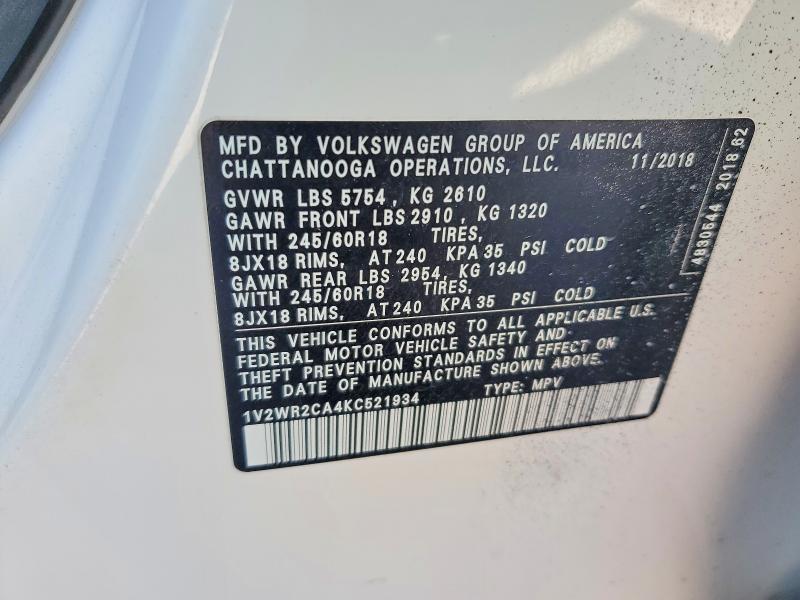 75688395 :رقم المزاد ، 1V2WR2CA4KC521934 vin ، 2019 Volkswagen Atlas مزاد بيع