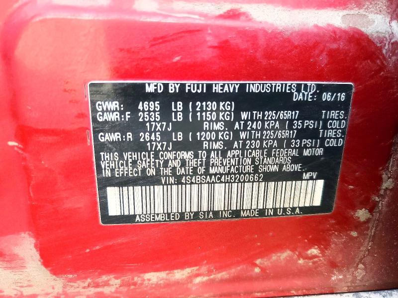 76823155 :رقم المزاد ، 4S4BSAAC4H3200662 vin ، 2017 Subaru Outback مزاد بيع