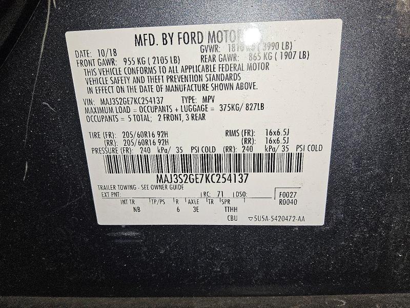 78691265 :رقم المزاد ، MAJ3S2GE7KC254137 vin ، 2019 Ford Ecosport مزاد بيع