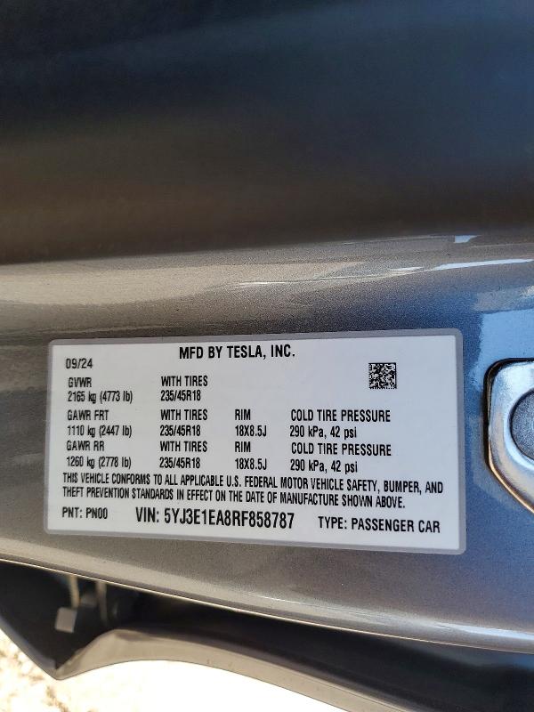 2024 Tesla Model 3 მანქანა იყიდება აუქციონზე, vin: 5YJ3E1EA8RF858787, აუქციონის ნომერი: 74438225