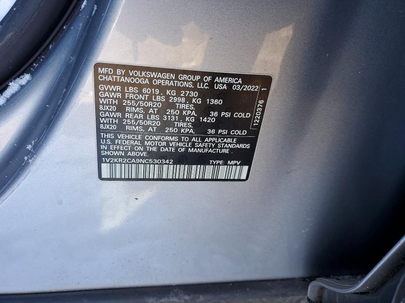 Aukcja sprzedaży 2022 Volkswagen Atlas, vin: 1V2KR2CA9NC530342, numer aukcji: 75388695