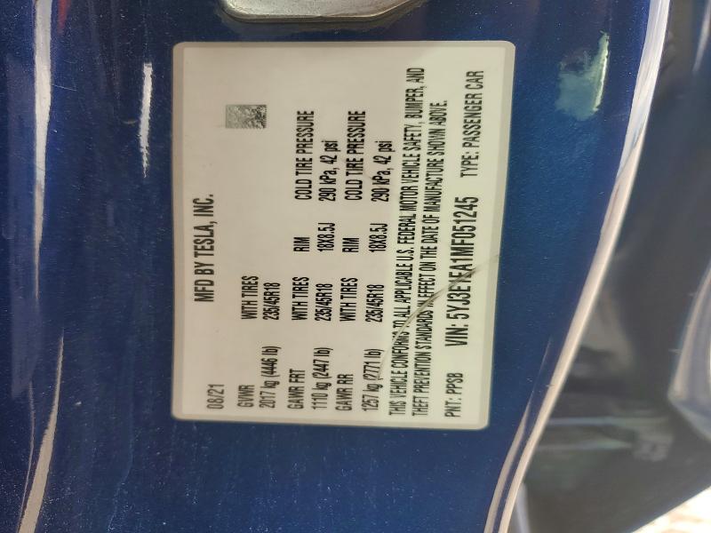 Aukcja sprzedaży 2021 Tesla Model 3, vin: 5YJ3E1EA1MF051245, numer aukcji: 75802975