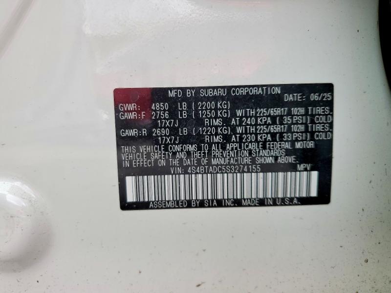 77798435 :رقم المزاد ، 4S4BTADC5S3274155 vin ، 2025 Subaru Outback مزاد بيع