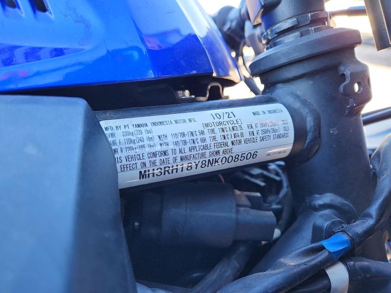 75769785 :رقم المزاد ، MH3RH18Y8NK008506 vin ، 2022 Yamaha Yzfr3 مزاد بيع