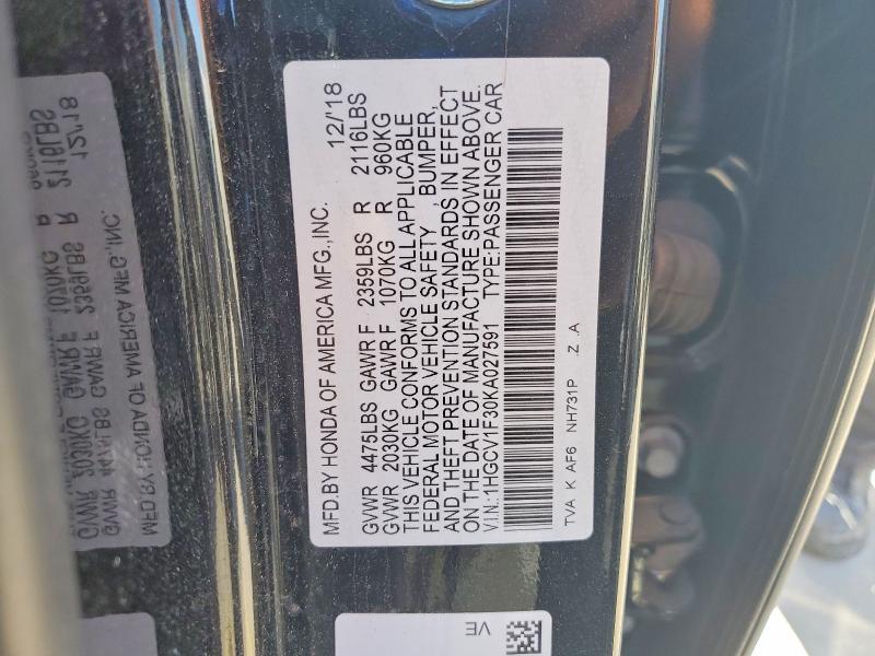 Aukcja sprzedaży 2019 Honda Accord, vin: 1HGCV1F30KA027591, numer aukcji: 79154045