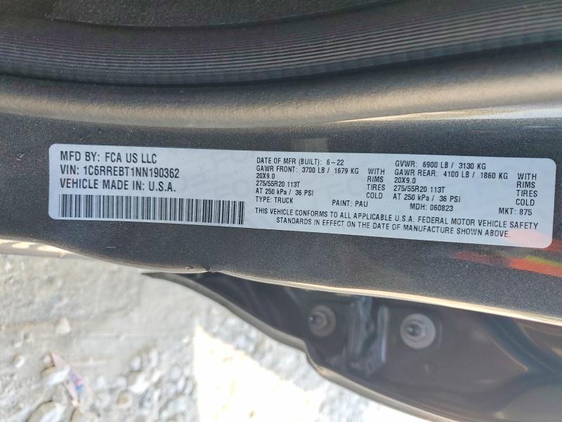 2022 Ram 1500 მანქანა იყიდება აუქციონზე, vin: 1C6RREBT1NN190362, აუქციონის ნომერი: 79182865