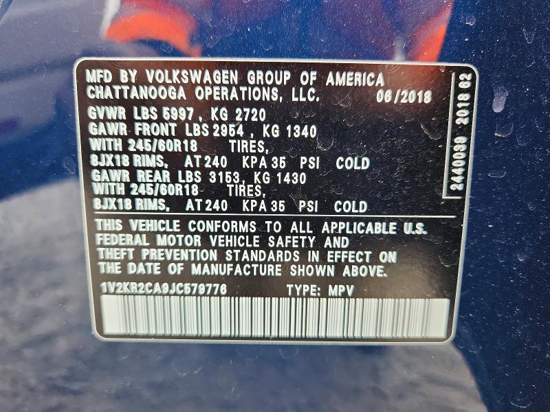 Продажа на аукционе авто 2018 Volkswagen Atlas, vin: 1V2KR2CA9JC579776, номер лота: 78642845