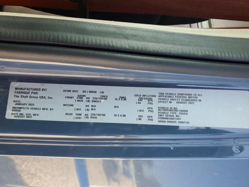 45883716 :رقم المزاد ، 3C7WRVMG2NE136880 vin ، 2022 Ram Promaster 3500 مزاد بيع