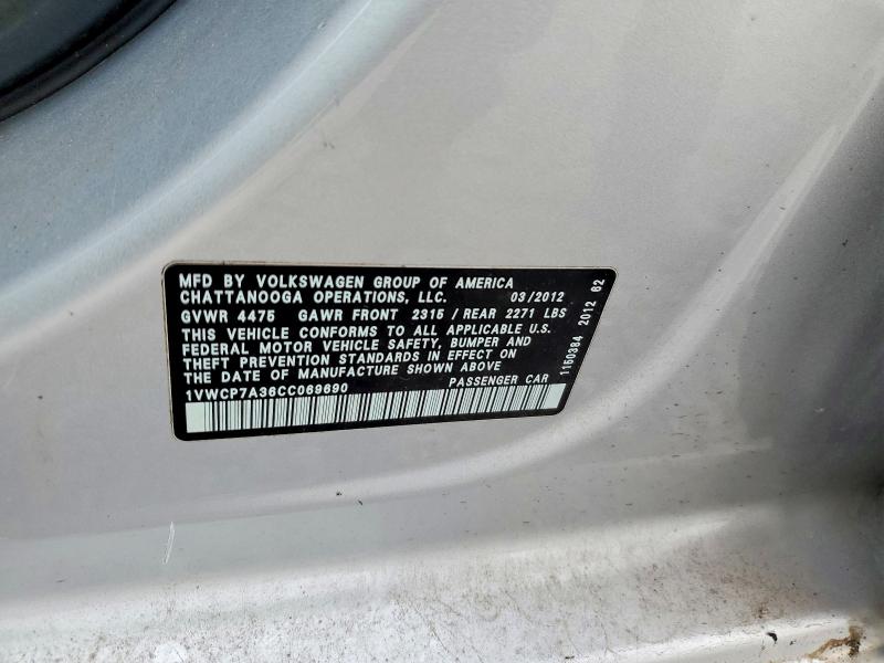 Продаж на аукціоні авто 2012 Volkswagen Passat, vin: 1VWCP7A36CC069690, номер лоту: 97862705