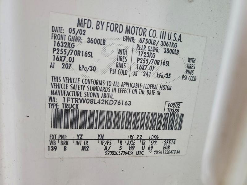 76610255 :رقم المزاد ، 1FTRW08L42KD76163 vin ، 2002 Ford F150 مزاد بيع