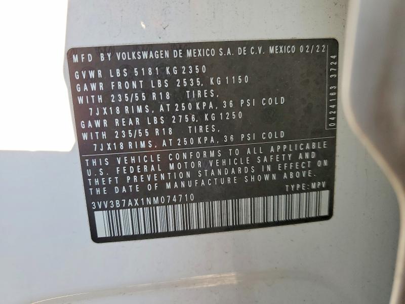 Aukcja sprzedaży 2022 Volkswagen Tiguan, vin: 3VV3B7AX1NM074710, numer aukcji: 77718805
