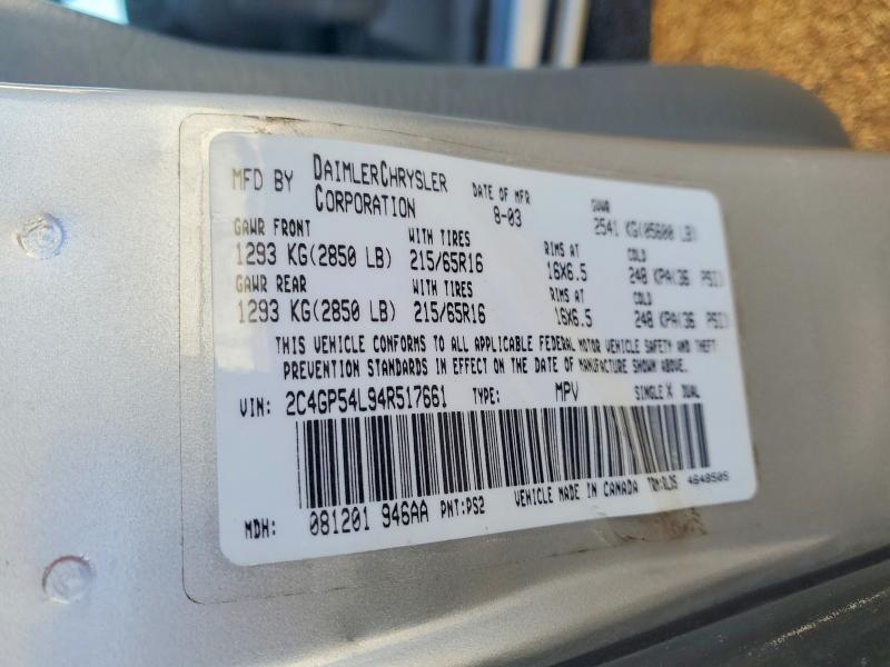 2004 Chrysler Town & Country მანქანა იყიდება აუქციონზე, vin: 2C4GP54L94R517661, აუქციონის ნომერი: 77006295