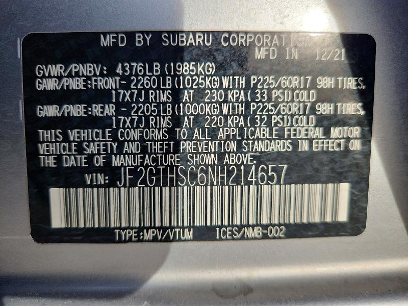 Aukcja sprzedaży 2022 Subaru Crosstrek, vin: JF2GTHSC6NH214657, numer aukcji: 78756885