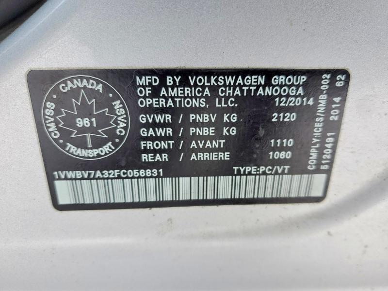 Aukcja sprzedaży 2015 Volkswagen Passat, vin: 1VWBV7A32FC056831, numer aukcji: 78209375
