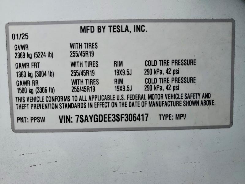 2025 Tesla Model Y მანქანა იყიდება აუქციონზე, vin: 7SAYGDEE3SF306417, აუქციონის ნომერი: 75283955