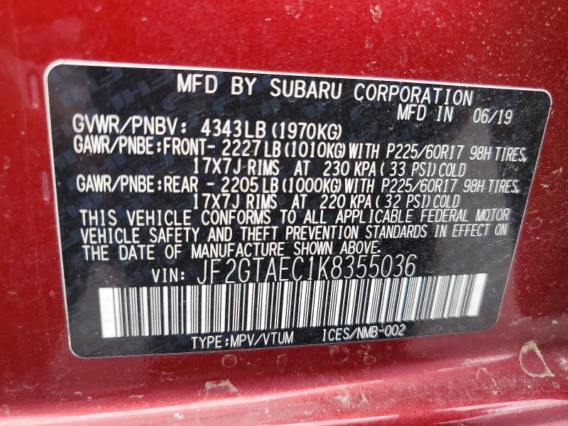 77599255 :رقم المزاد ، JF2GTAEC1K8355036 vin ، 2019 Subaru Crosstrek مزاد بيع