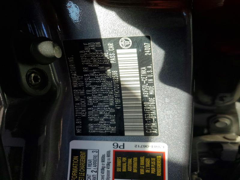 76603155 :رقم المزاد ، 4T1BF1FK7CU182598 vin ، 2012 Toyota Camry مزاد بيع