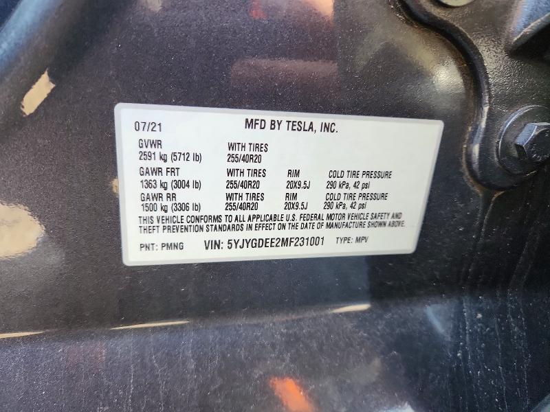 Aukcja sprzedaży 2021 Tesla Model Y, vin: 5YJYGDEE2MF231001, numer aukcji: 75942005