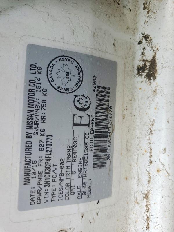 2015 Niss Micra მანქანა იყიდება აუქციონზე, vin: 3N1CK3CP4FL270770, აუქციონის ნომერი: 76906725