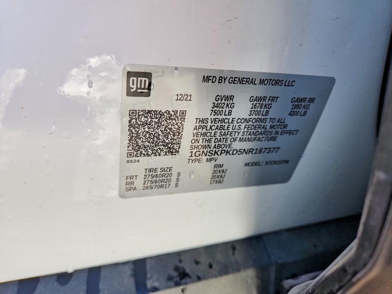 Aukcja sprzedaży 2022 Chevrolet Tahoe, vin: 1GNSKPKD5NR167377, numer aukcji: 79060515