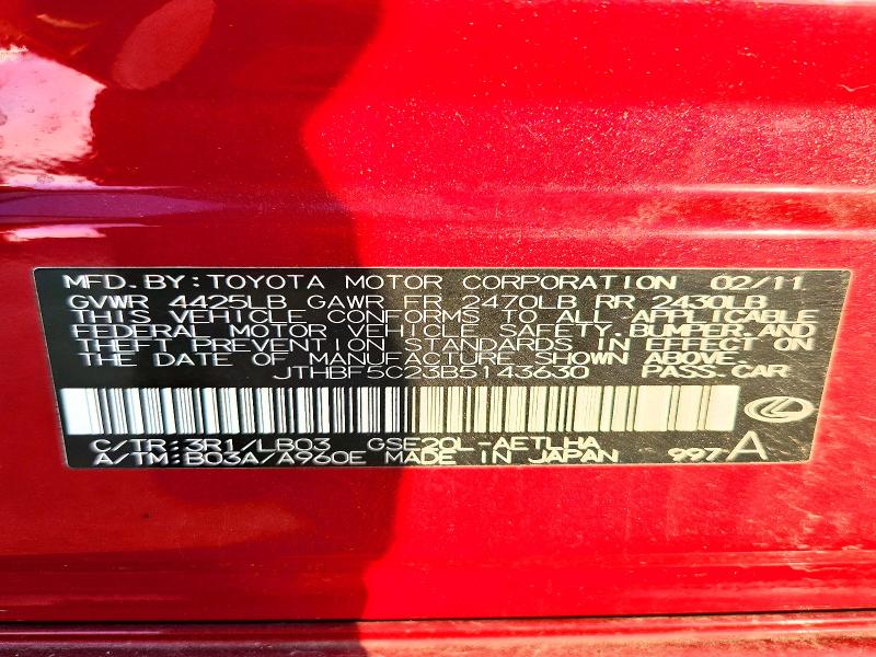 Aukcja sprzedaży 2011 Lexus Is 250, vin: JTHBF5C23B5143630, numer aukcji: 78431285