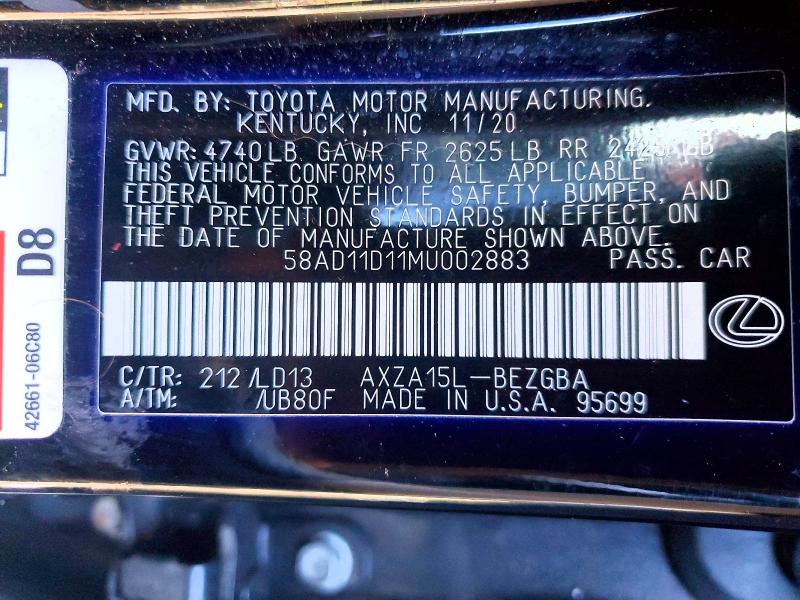 Продаж на аукціоні авто 2021 Lexus Es 250, vin: 58AD11D11MU002883, номер лоту: 53228976