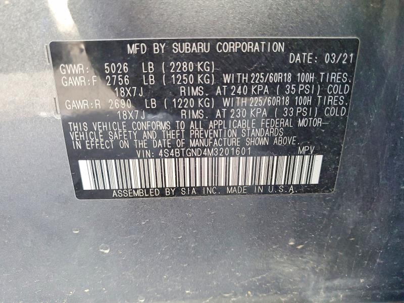 78345025 :رقم المزاد ، 4S4BTGND4M3201601 vin ، 2021 Subaru Outback مزاد بيع