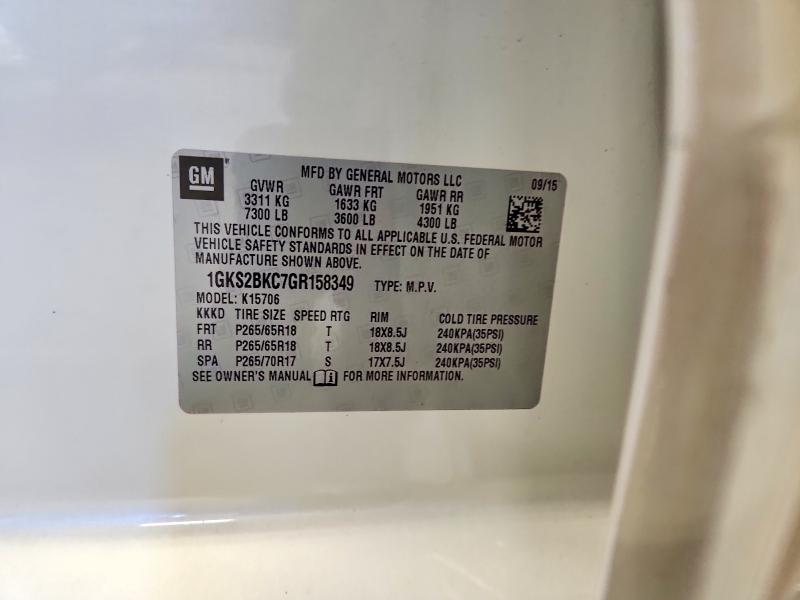 76117135 :رقم المزاد ، 1GKS2BKC7GR158349 vin ، 2016 Gmc Yukon Slt مزاد بيع