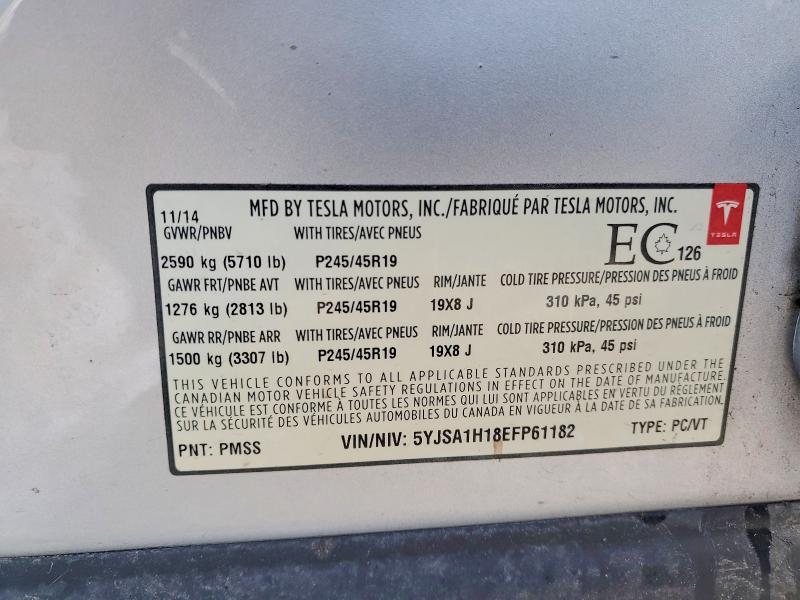 2014 Tesla Model S მანქანა იყიდება აუქციონზე, vin: 5YJSA1H18EFP61182, აუქციონის ნომერი: 76614315