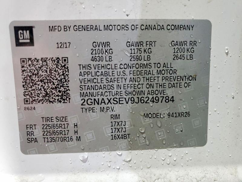 76720065 :رقم المزاد ، 2GNAXSEV9J6249784 vin ، 2018 Chevrolet Equinox مزاد بيع