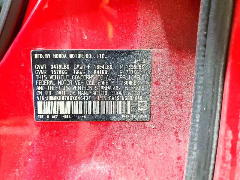 74511455 :رقم المزاد ، JHMGK5H79GX046434 vin ، 2016 Honda Fit مزاد بيع