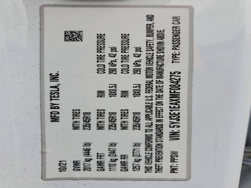 78376305 :رقم المزاد ، 5YJ3E1EAXMF084275 vin ، 2021 Tesla Model 3 مزاد بيع