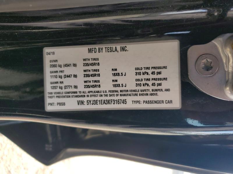 2019 Tesla Model 3 მანქანა იყიდება აუქციონზე, vin: 5YJ3E1EA3KF316745, აუქციონის ნომერი: 78976055