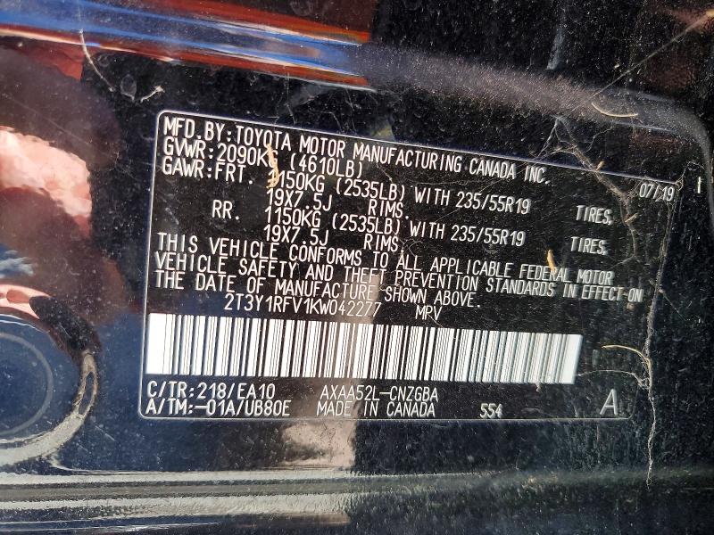 77142345 :رقم المزاد ، 2T3Y1RFV1KW042277 vin ، 2019 Toyota Rav4 مزاد بيع