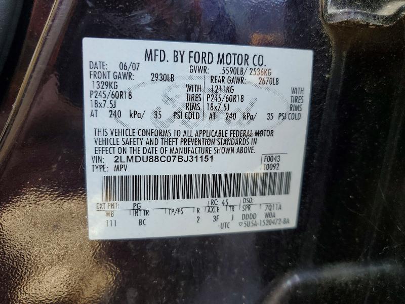 Auction sale of the 2007 Lincoln Townhouse Mkx, vin: 2LMDU88C07BJ31151, lot number: 76808805