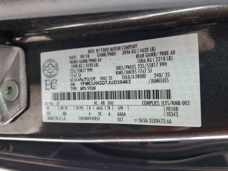 2018 Ford Escape მანქანა იყიდება აუქციონზე, vin: 1FMCU0GD7JUD39483, აუქციონის ნომერი: 75754115