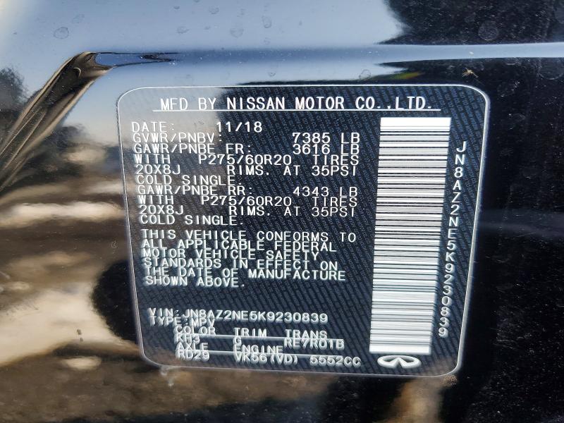 Aukcja sprzedaży 2019 Infiniti Qx80, vin: JN8AZ2NE5K9230839, numer aukcji: 76049705