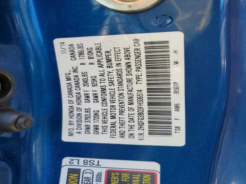 76975435 :رقم المزاد ، 2HGFG3B03FH506514 vin ، 2015 Honda Civic مزاد بيع