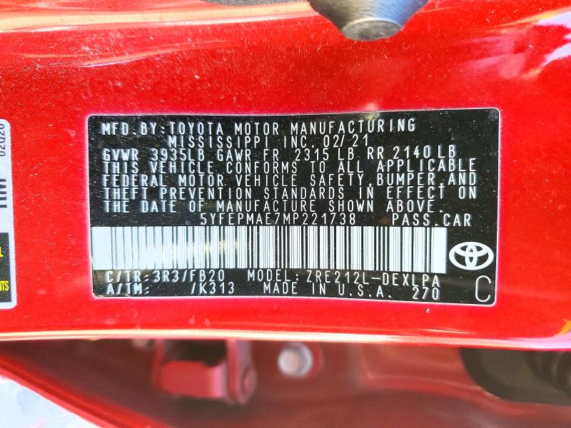 Продаж на аукціоні авто 2021 Toyota Corolla, vin: 5YFEPMAE7MP221738, номер лоту: 76674245