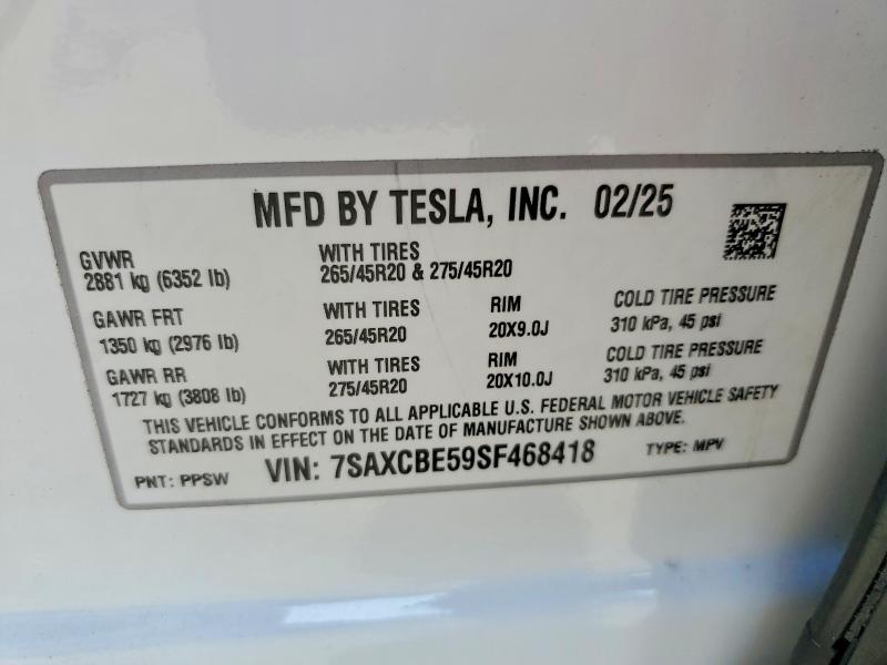 74442945 :رقم المزاد ، 7SAXCBE59SF468418 vin ، 2025 Tesla Model X مزاد بيع