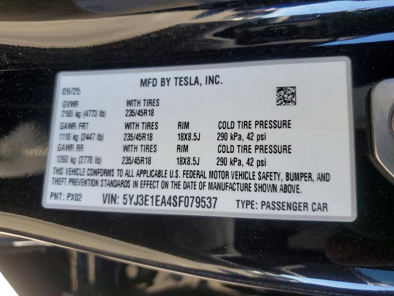 77684815 :رقم المزاد ، 5YJ3E1EA4SF079537 vin ، 2025 Tesla Model 3 مزاد بيع