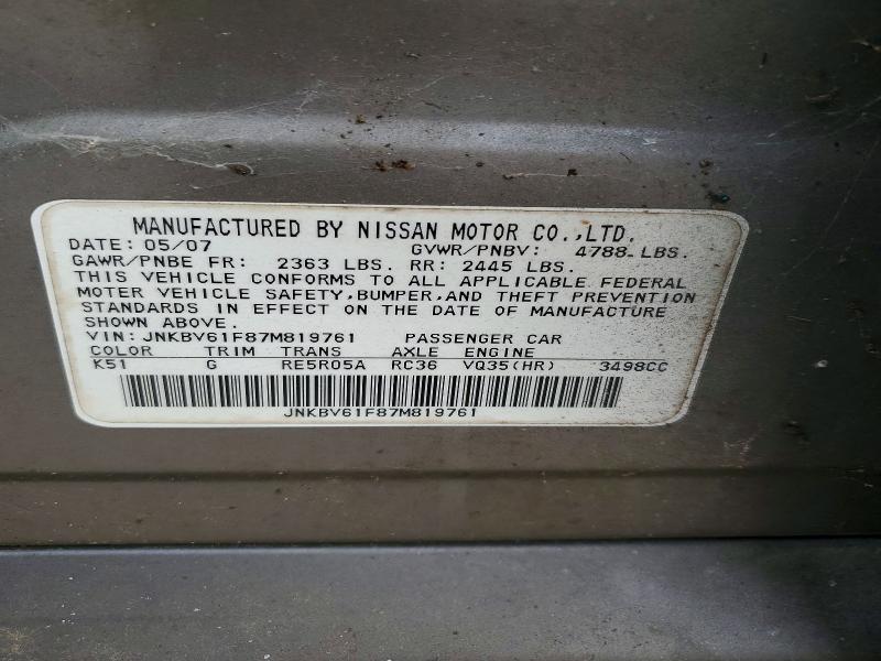 Aukcja sprzedaży 2007 Infiniti G35, vin: JNKBV61F87M819761, numer aukcji: 78241425